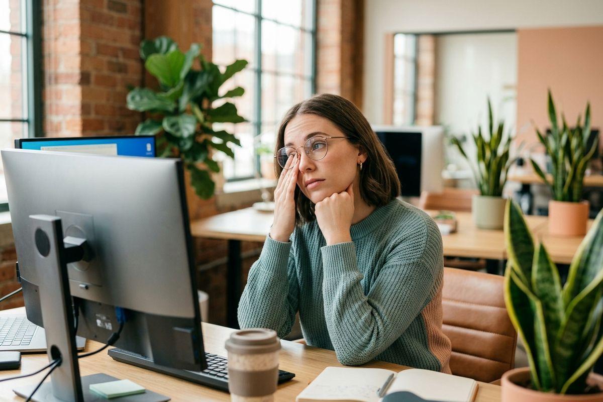A tired adult sits at an office computer desk, rubbing their eye under their glasses while resting their chin on their other hand.