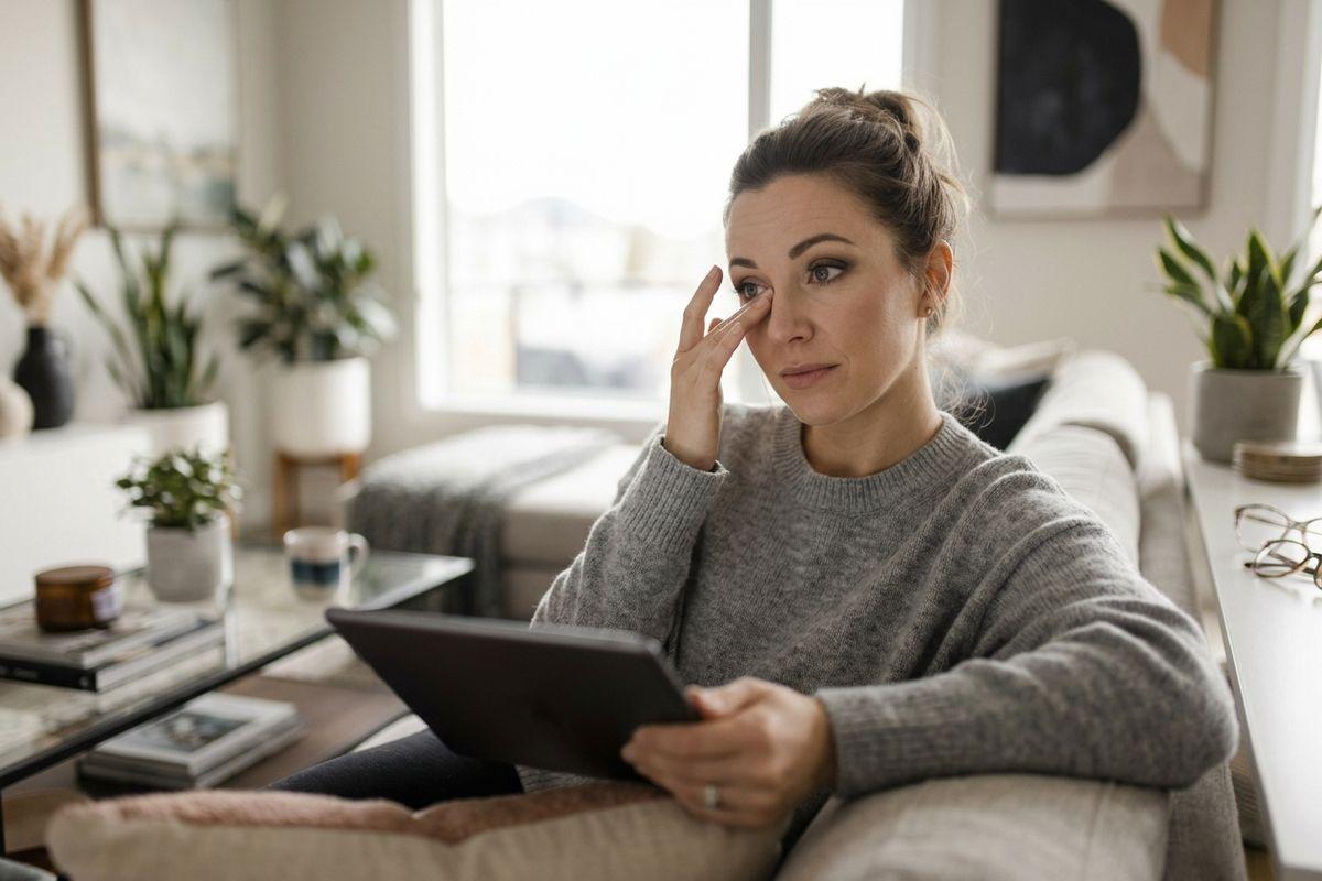 An adult sits on a living room sofa holding a tablet in one hand while rubbing their eye with the other.