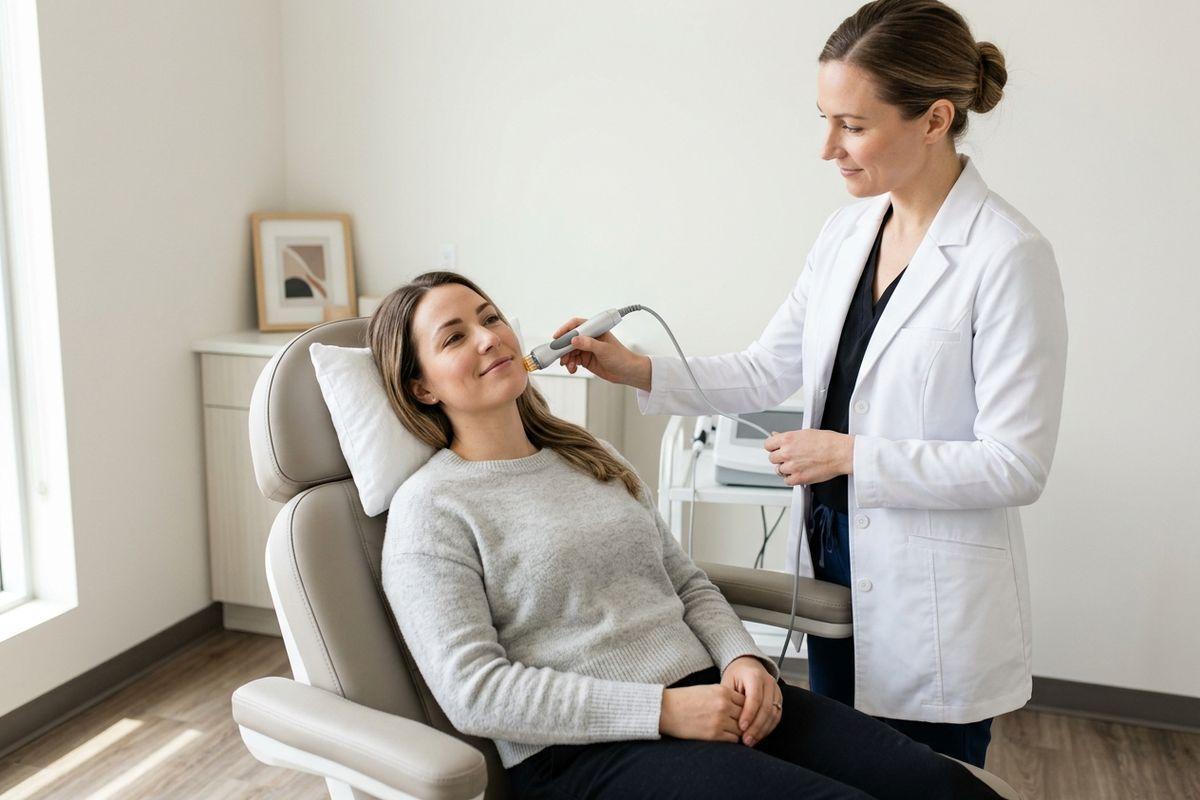 A doctor in a clinic uses a handheld device on the cheek of a smiling adult patient seated in a treatment chair.
