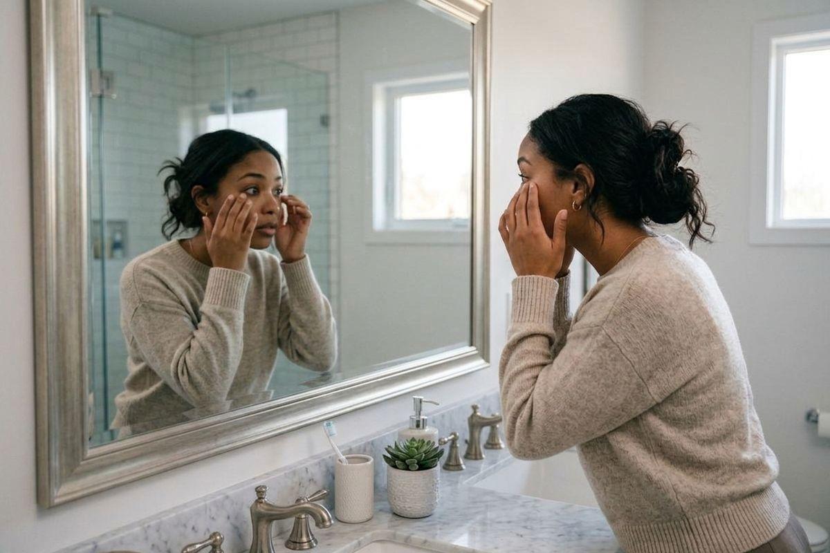 A focused adult looks into a bathroom mirror, touching the skin under their eyes with their fingertips.