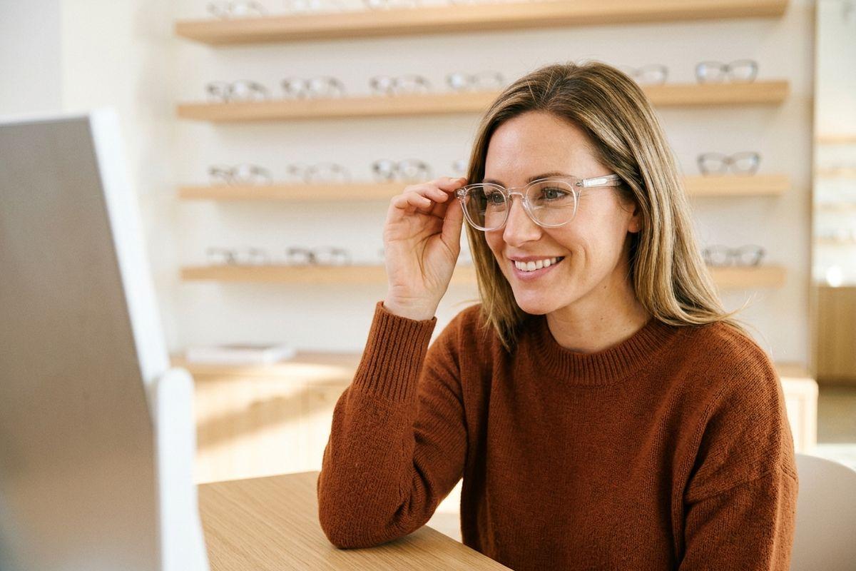 A person smiling while trying on clear-framed glasses at an optical store, with eyewear displayed on shelves behind.