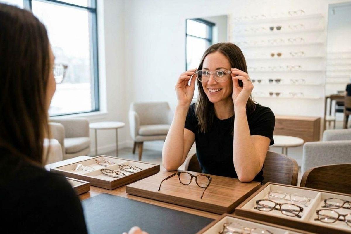 A person trying on eyeglasses at an optical store, smiling, with trays of frames on the table.