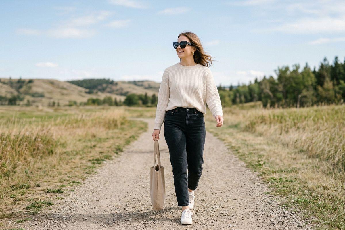 A smiling adult walks down a gravel path in a rural landscape, wearing sunglasses, a beige sweater and dark jeans while carrying a tote bag.