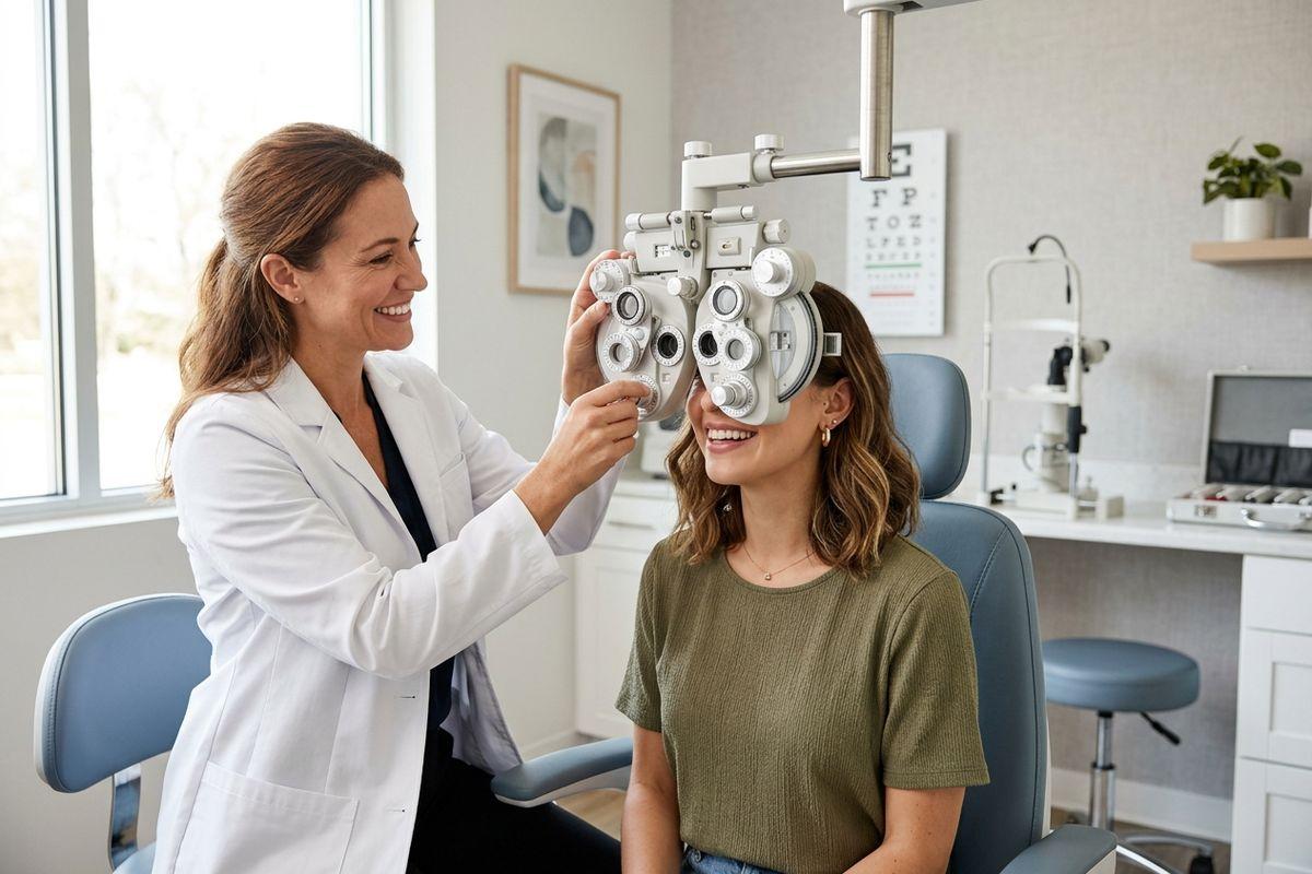 A smiling optometrist adjusts a phoropter in front of an adult patient during an eye exam in a clinic.