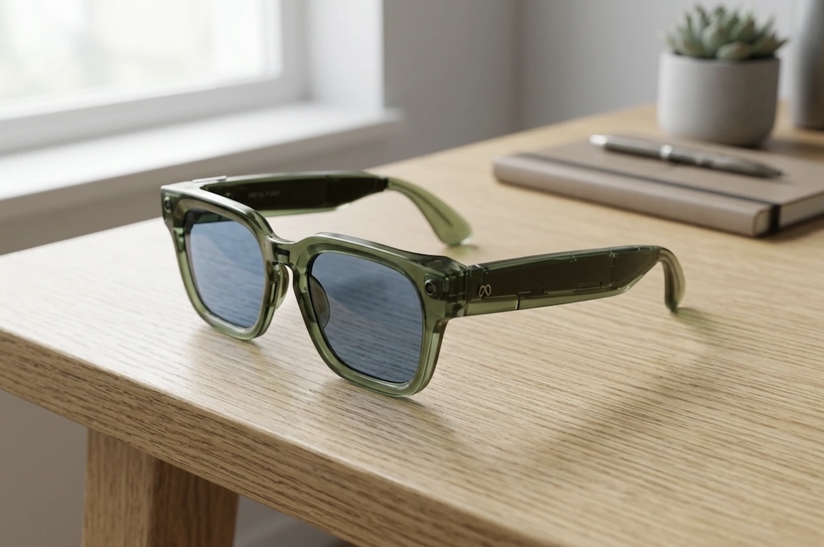 A pair of AI glasses sitting on a desk.
