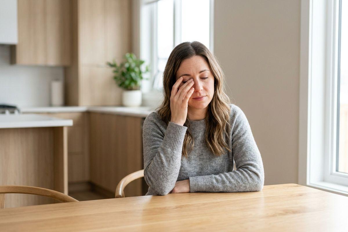 An adult sits at a wooden table in a kitchen, eyes closed, rubbing their eye with one hand.