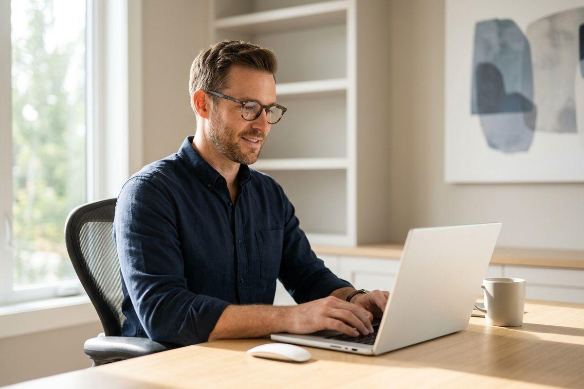 An adult wearing glasses sits in a bright office, focused while typing on a laptop at a wooden desk next to a white coffee mug.