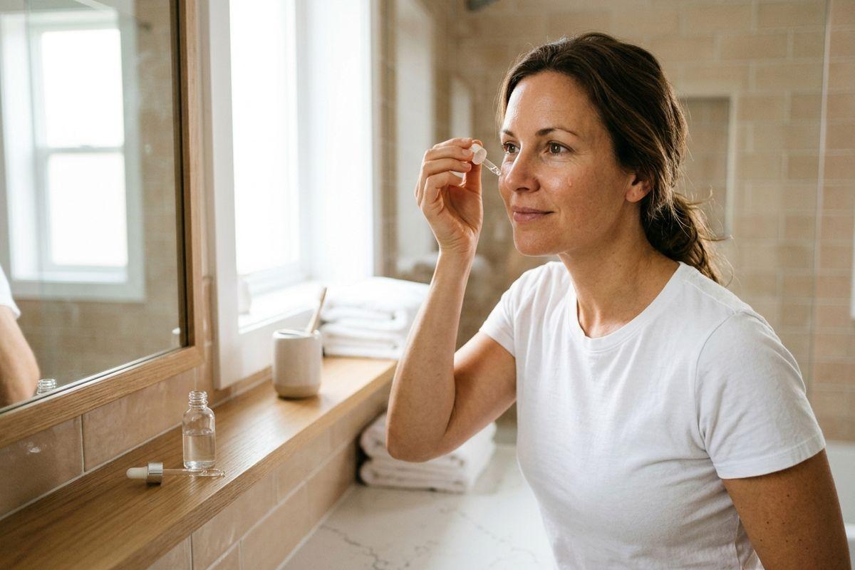 A person holding a dropper of serum to their face while looking in a bathroom mirror.