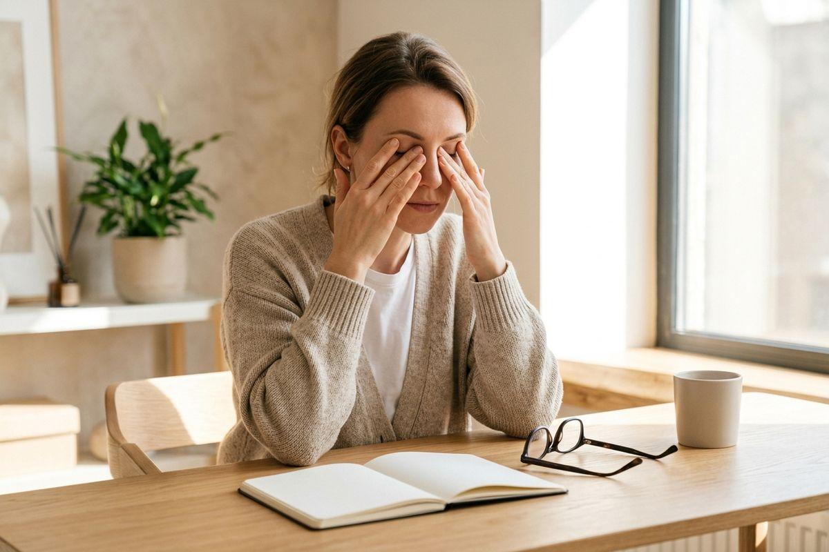 A person rubbing their eyes at a desk with an open notebook, glasses, and a mug near a bright window.