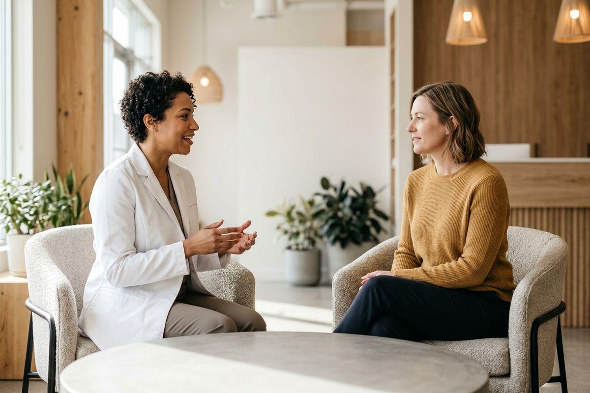 An aesthetician in a white coat talking with a patient, both seated in armchairs in a bright clinic waiting area.