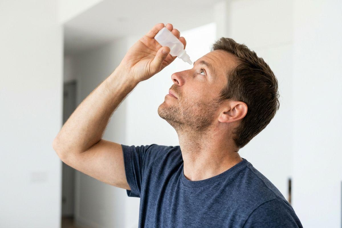 Person tilting head back, applying eye drops from a small bottle indoors.